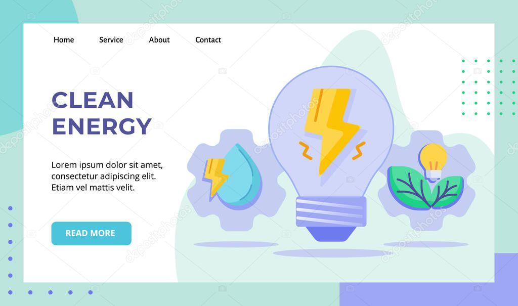 Clean energy lightning bulb lamp drop water green leaf campaign for web website home homepage landing page template banner with flat style vector design illustration