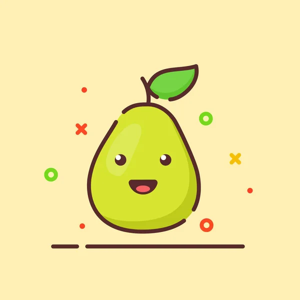 Pear cute mascot face emotion happy fruit with color flat cartoon outline style — Stock Vector