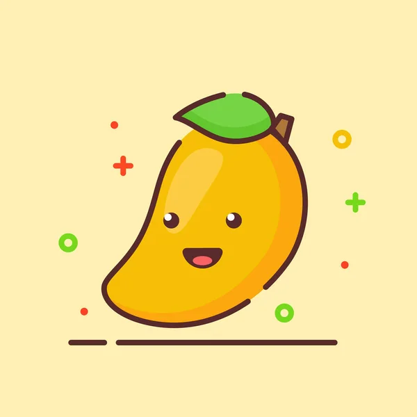 Mangue mignonne mascotte visage émotion fruit heureux avec couleur plat dessin animé style contour — Image vectorielle