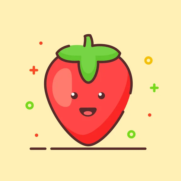 Fraise mignon mascotte visage émotion heureux fruit avec couleur plat dessin animé style contour — Image vectorielle