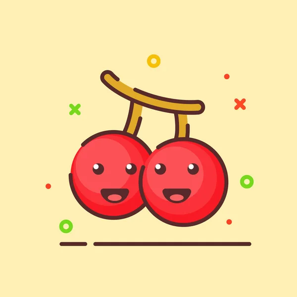 Cerise mignonne mascotte visage émotion fruit heureux avec couleur plat dessin animé style contour — Image vectorielle