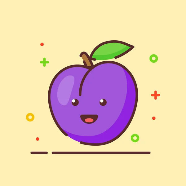 Plum mignon mascotte visage émotion fruit heureux avec couleur plat dessin animé style contour — Image vectorielle