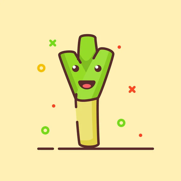 Poireau mignon mascotte visage émotion légume heureux avec couleur plat dessin animé style contour — Image vectorielle