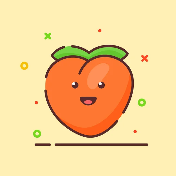 Pêche mignonne mascotte visage émotion fruit heureux avec couleur plat dessin animé style contour — Image vectorielle