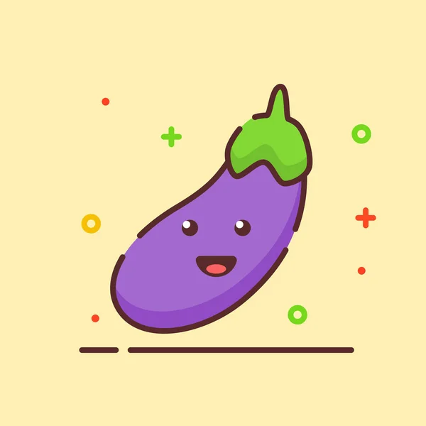 Bakłażan cute maskotka twarz emocje szczęśliwy owoc warzywa z kolor płaski kreskówka zarys styl — Wektor stockowy