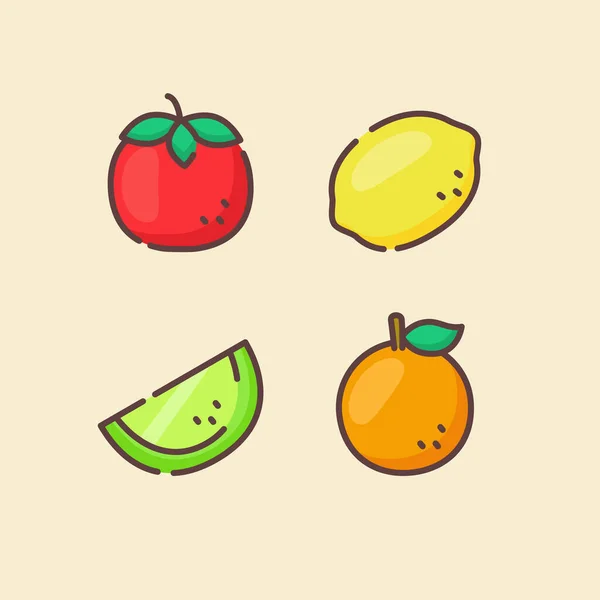 Fruit icônes set collection tomate citron melon orange juteux frais bio avec couleur plat dessin animé style contour — Image vectorielle