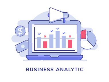 Dizüstü bilgisayardaki iş analitik konsept bar tablosu istatistiği düz biçimli beyaz izole arkaplan