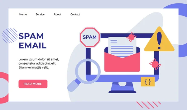 Błąd wiadomości e-mail spam na wyświetlaczu monitora kampanii internetowej strona główna strona główna lądowanie szablon szablon baner biały odizolowane tło z płaskim stylu — Wektor stockowy