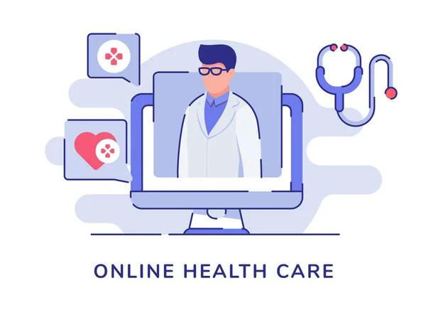 Online egészségügyi koncepció orvos karakter kijelző monitor számítógép fehér elszigetelt háttér lapos stílus — Stock Vector