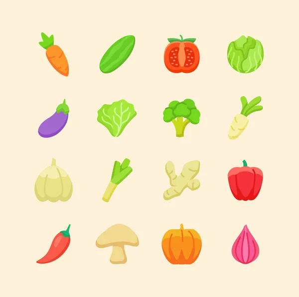 Zöldség ikon készlet gyűjtemény csomag bio friss íz ízletes egészséges fehér elszigetelt háttér rajzfilm szín lapos stílus — Stock Vector