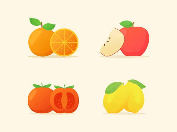Zestaw owoców pomarańczowy jabłko pomidor cytryna plasterek cały świeży soczysty witamina odżywka błonnik biały izolowane tło z płaskim stylu kolorów — Wektor stockowy