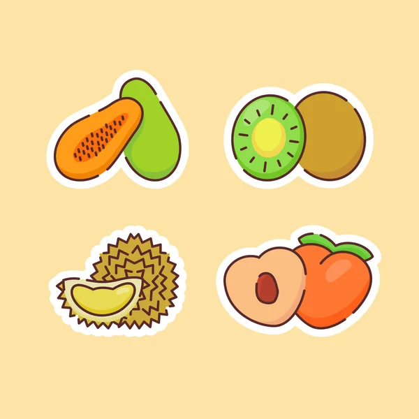 Gyümölcs ikonok készlet gyűjtemény papaya kiwi durian őszibarack természetes egészséges friss élelmiszer színes lapos rajzfilm vázlat stílus — Stock Vector