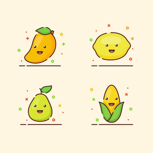 Fruit icônes ensemble collection mangue citron maïs poire mignon mascotte visage émotion fruit heureux avec couleur plat dessin animé style contour — Image vectorielle