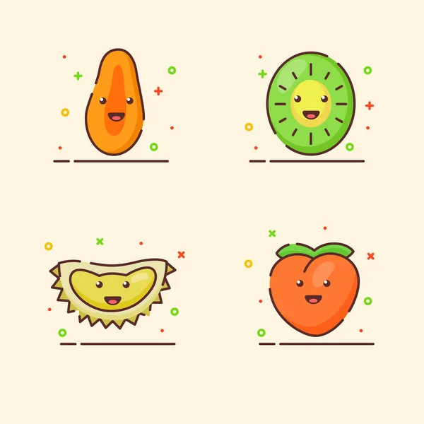 Fruit icons set collection papaya kiwi durian peach cute mascot face emotion happy fruit with color flat cartoon outline style — Stock Vector
