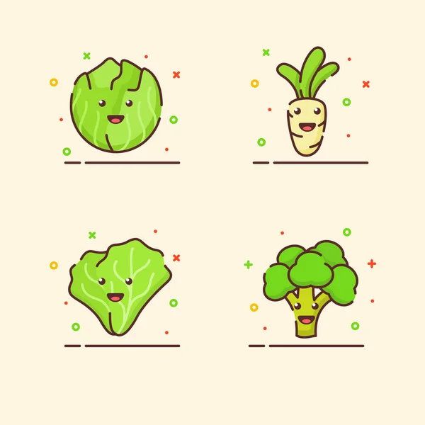 Növényi ikonok készlet gyűjtemény káposzta retek saláta brokkoli aranyos kabala arc érzelem boldog színes lapos rajzfilm vázlat stílus — Stock Vector