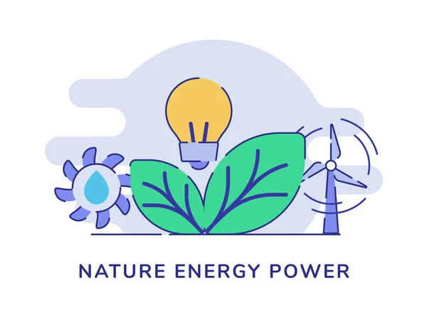 自然エネルギーのコンセプトリーフ電球水力発電フラットアウトラインスタイルと白の隔離された背景 — ストックベクタ