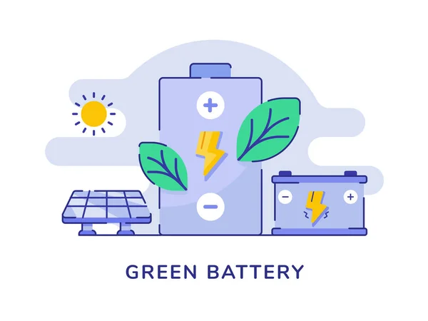 緑のバッテリーコンセプトリーフライトニングバッテリー車太陽電池パネルフラットアウトラインスタイルと白の隔離された背景 — ストックベクタ