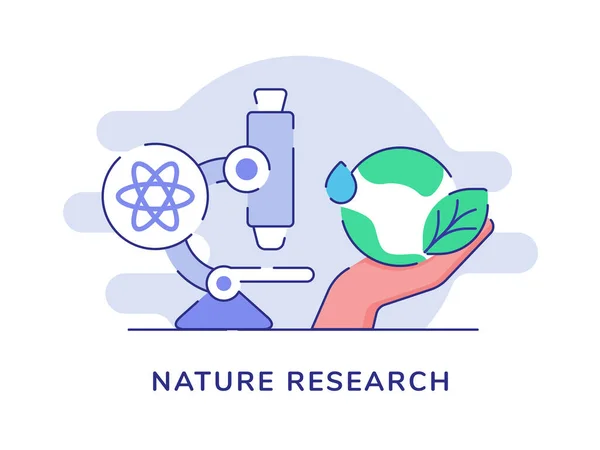 Natureza pesquisa conceito microscópio átomo mão segurar terra gota água folha branco isolado fundo — Vetor de Stock