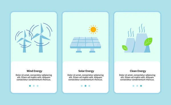 Energía eólica energía solar energía limpia onboarding para móvil plantilla de aplicación ui web con estilo plano — Archivo Imágenes Vectoriales