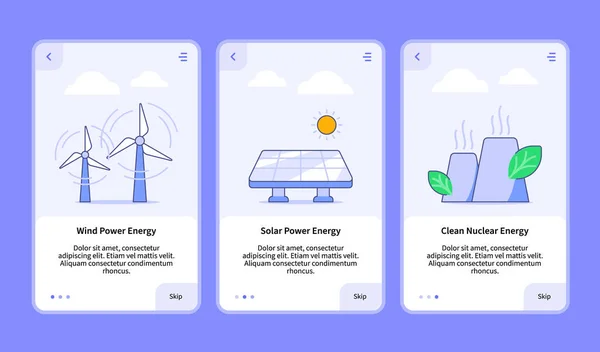 Energía eólica energía solar energía nuclear limpia onboarding para aplicación móvil plantilla ui web con contorno plano stylepower — Archivo Imágenes Vectoriales