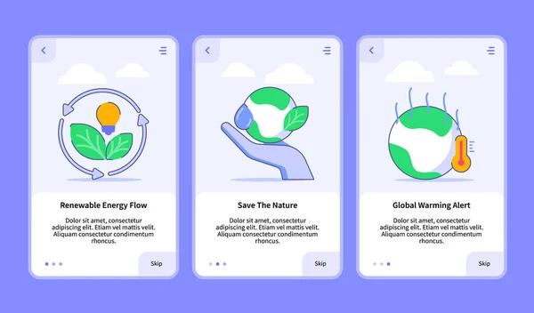 Fluxo de energia renovável salvar a natureza aquecimento global alerta onboarding para modelo de aplicativo móvel ui web com estilo de contorno plano — Vetor de Stock