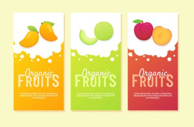 Düz renkli ui ux şablon bayrağı için taze meyve mango kavun şeftali kampanyası