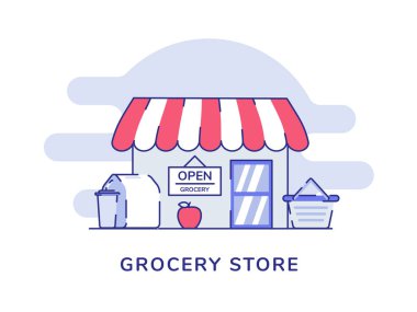 Market konsepti, elma meyvesi ambalajlama içecek tezgahı düz ana hatlı tasarımı olan ön market.