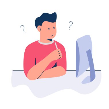 öndeki bilgisayarın çalışmasını karıştıran adam düz renk biçim vektör tasarımı illüstrasyonuyla soru işaretçisini öğrenir