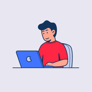 Dizüstü bilgisayarda çalışan, serbest çalışan, düz renk tasarım çizimi olan yaratıcı bir adam.