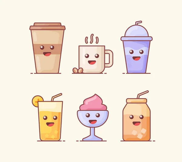 Drink Beverage Icon Set Collection Package Kawai Style Face White — Stock Vector