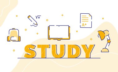 Simge açık kitap çantası sınav sonuçlarının tipografi sözcük sanatı arkaplanı ana hatlı biçim vektör tasarımı illüstrasyonlu masa lambası