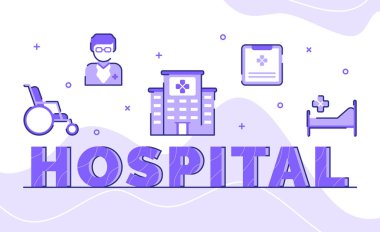Hastane tipografi kelime sanat arka planı ikon tekerlekli sandalye doktor ana hatlı stil vektör tasarımı illüstrasyonlu tıbbi kayıt yatağı inşa