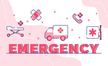 Acil durum tipografi kelime sanat arka plan ambulans yatak bandaj telefon ana hatlı stil tasarım illüstrasyon