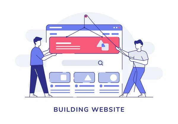 Construcción Sitio Web Carácter Colaboración Programador Desarrollador Polea Wireframe Con — Vector de stock