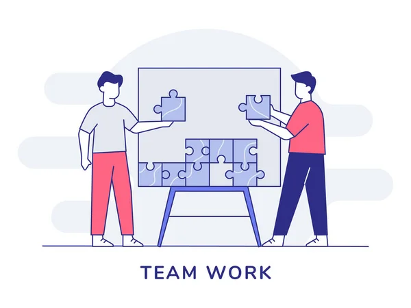 Teamwork Character People Collaboration Assembling Puzzle Piece Board Outline Style — Stock Vector