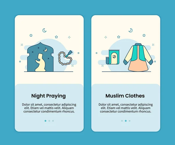 Nachtgebet Und Muslimische Kleidung Design Onboarding Design Mobile Seite Bildschirm — Stockvektor