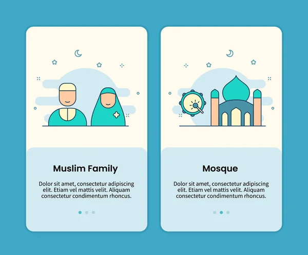Familia Musulmana Diseño Mezquita Diseño Onboarding Página Móvil Pantalla Aplicación — Vector de stock
