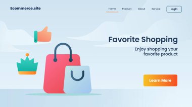 Web sitesi ana sayfası için favori alışveriş kampanyası. Düz çizgi film stili tasarım illüstrasyonlu iniş sayfası afişi şablonu.