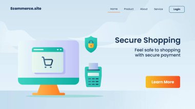 Web sitesi web sitesi için güvenli alışveriş kampanyası anasayfası iniş flaması düz çizgi film stili vektör tasarımı illüstrasyonlu şablon