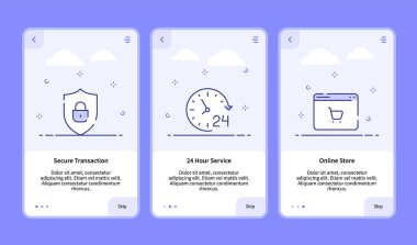 Mobil uygulama pankart şablonu için kesik çizgi vektör tasarım illüstrasyonlu güvenli işlem 24 saat çevrimiçi hizmet