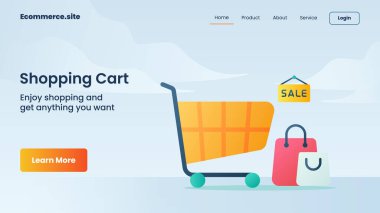 Web sitesi web sitesi için alışveriş arabası kampanyası ana sayfaya iniş pankartı indirme şablonu düz çizgi film tarzı vektör tasarımı illüstrasyonlu şablon