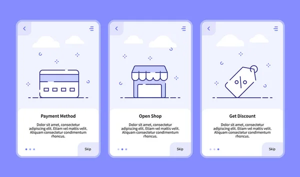 Handel Onboarding Zahlungsmethode Öffnen Geschäft Erhalten Rabatt Für Mobile App — Stockvektor