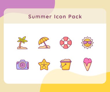 yaz simgesi koleksiyonu beyaz izole arkaplan dolu renkli çizgi film stili vektör tasarımı illüstrasyonu