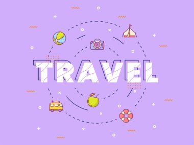 seyahat tipografisi yazı simgesi etrafında ana hatlı stil vektör tasarımı illüstrasyonu ile harf