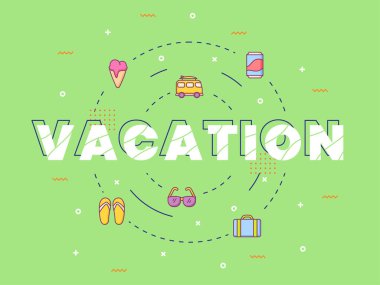 Tatil tipografisi yazı simgesi etrafında ana hatlı biçim vektör tasarımı illüstrasyonuyla harf harfi