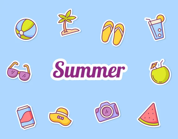 Summer Sticker Icon Icons Set Collection Package Blue Isolated Background — Stock Vector