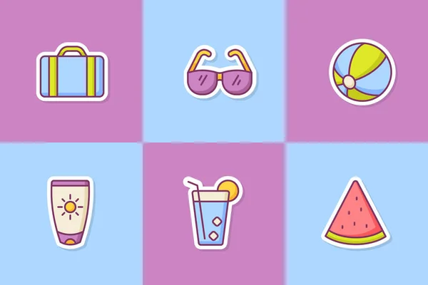 Summer Sticker Icon Icons Set Collection Package Color Outline Style — Stock Vector