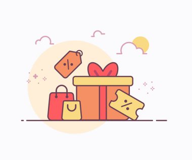 Büyük satış konsepti hediye kutusu kupon etiketi çanta simgesi etrafında yumuşak renk katı çizgi biçimi vektör tasarımı illüstrasyonu