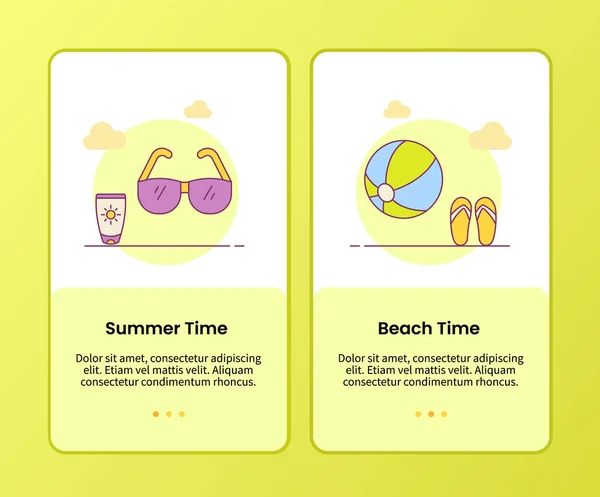 携帯アプリのオンボーディングのための夏のビーチタイムキャンペーンフルカラースタイルのベクトルデザインイラスト付きアプリケーションバナーテンプレート — ストックベクタ