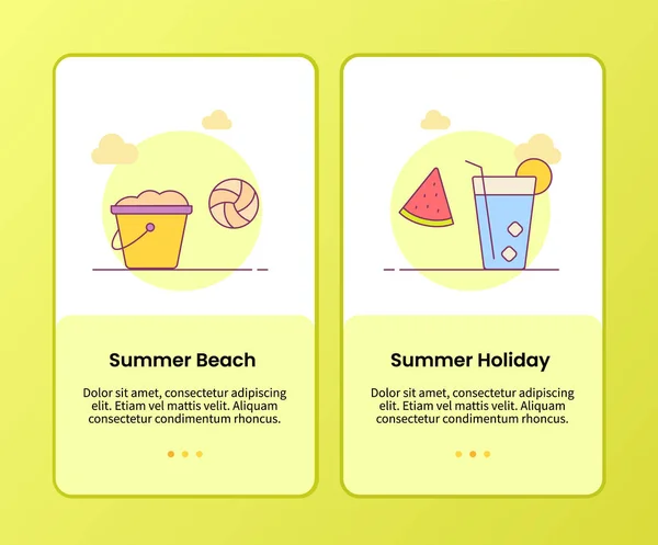 夏のビーチホリデーキャンペーンオンボーディングモバイルアプリのためのアプリケーションバナーテンプレートフルカラースタイルのベクトルデザインイラスト — ストックベクタ